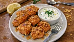 Crispy Air Fryer Salmon Bites With Cornflake Crunch and Lemon-Yogurt Chive Sauce